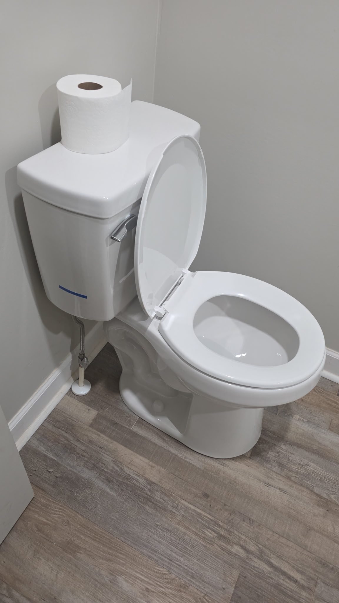 White toilet with a roll of toilet paper resting on the tank, installed in a corner bathroom.