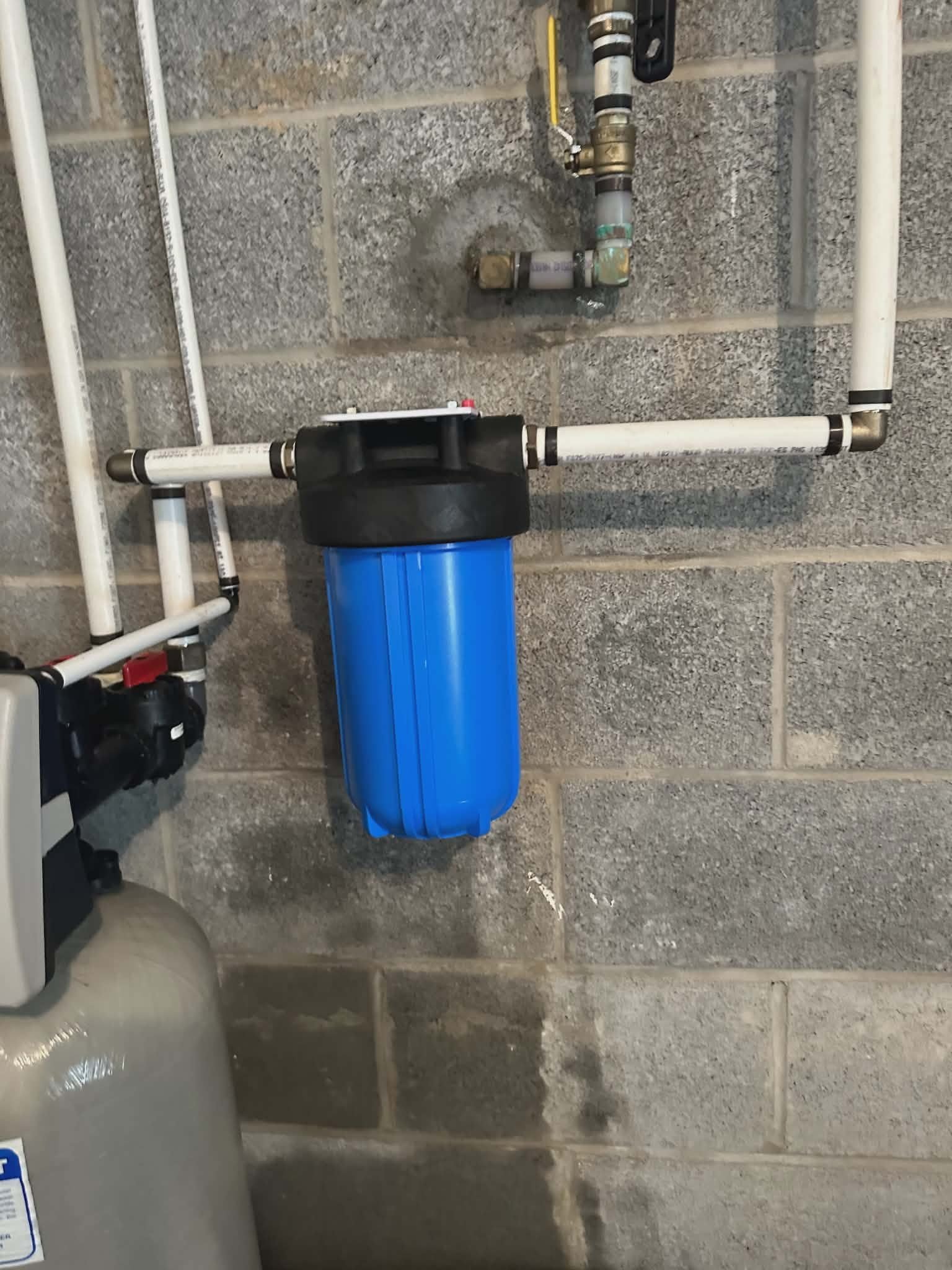 Sediment filter housing mounted on a wall with PVC piping connections next to a water softener tank.