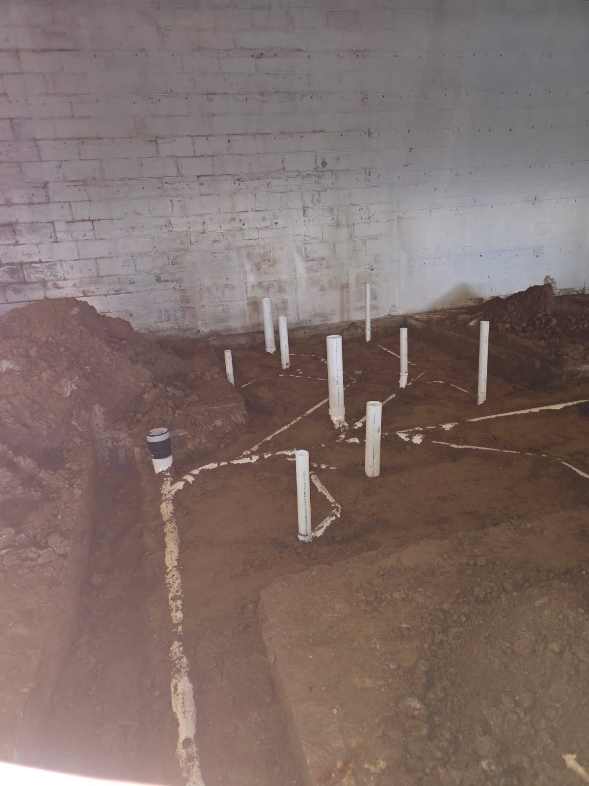 Cluster of PVC stub-up pipes in dirt with connecting pipe-run lines, including a cleanout fitting.